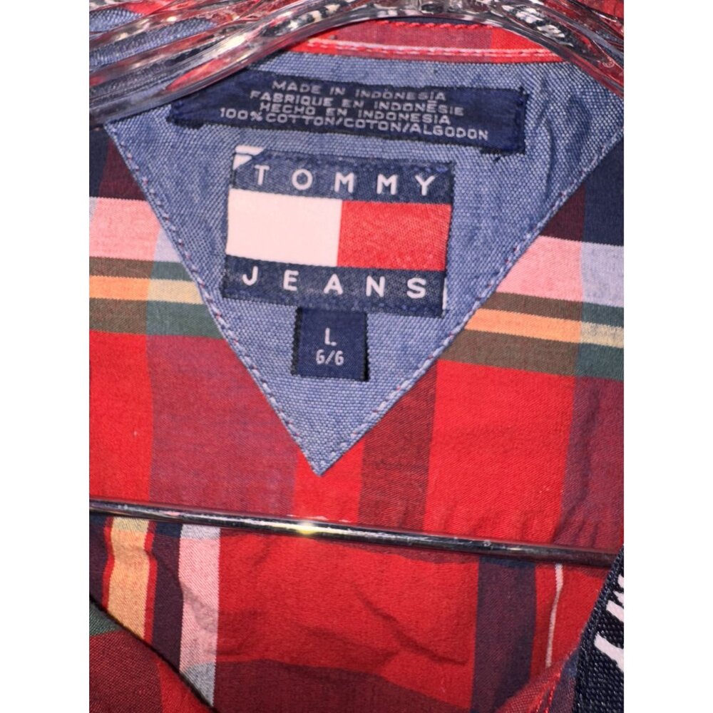 Tommy Hilfiger Jeans Red & Navy Plaid Long Sleeve Button-Up Shirt L color block - Picture 2 of 8